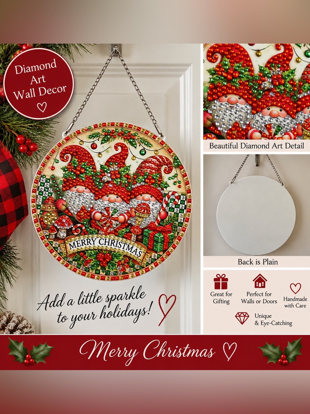 Merry Christmas Gnome Diamond Art Round Hanging Decor - Sealed
